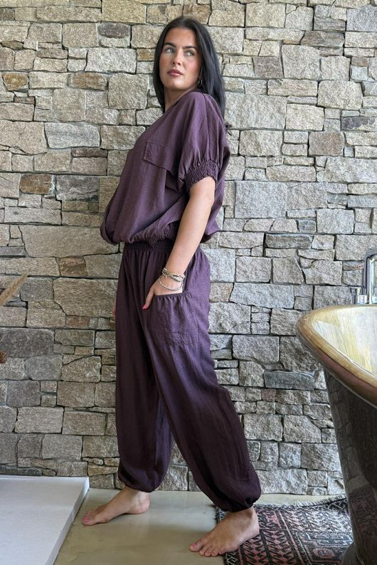Basso Button Drape Cap Sleeve Shirt Deep Damson